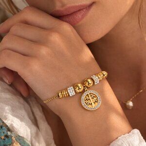 18K Gold Plated Stainless Steel Tree Of Life Cubic Zirconia Talisman Bolo Slider